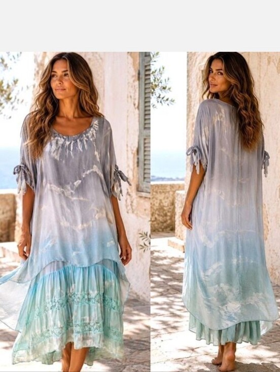 belle france Dresses & Skirts - Belle France Silk Ombre Dress XL Italy Boho Romantic Lace Layered Midi